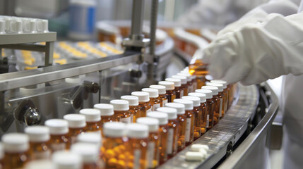 With a meticulous touch, the worker organizes rows of antibiotic bottles on the conveyor belt, the close-up showcasing the sterile environment of the pharmaceutical production floo - obrazy, fototapety, plakaty