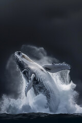 Humpback Whale Jumping and Breaching the Water in Majestic Splash against Soft Dark Clouds