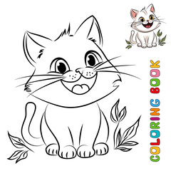 ПечатьCute cartoon kitten. Drawing for coloring. Vector contour illustration isolated on a white background. A page of a coloring book with a color sample.
