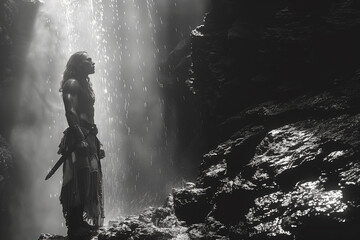 Stoic Warrior in Cave Muscular Ancient Figure Under Waterfall Light