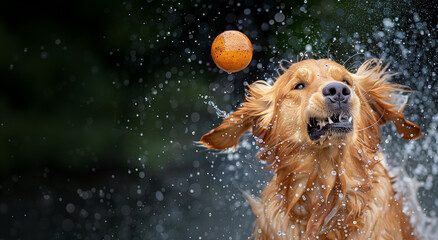Funny Golden Retriever Dog Catching Ball in Water Splash, Space for Text