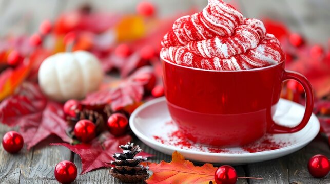 Red coffee cup with red and white whipped cream and red berries and leaves around it.