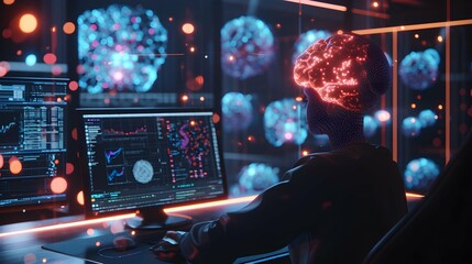  brain connected to the motherboard, abstract future technology concept illustration