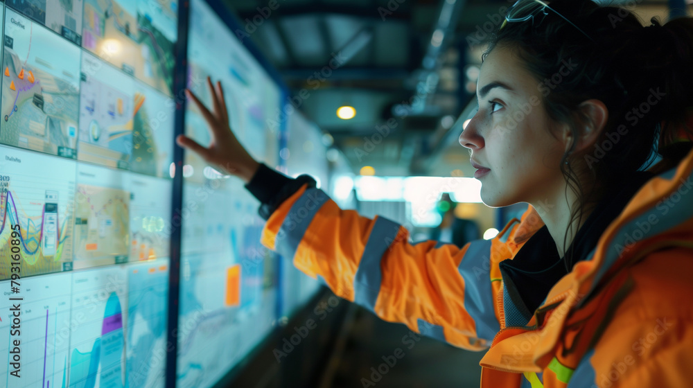 Aufkleber against a backdrop of bustling activity, she discusses safety protocols, her hand pointing to a digi