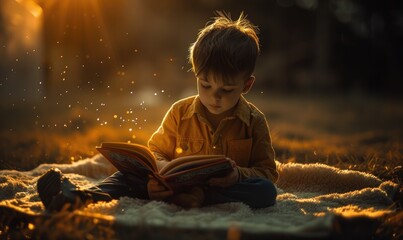 A kid boy reading a book - obrazy, fototapety, plakaty