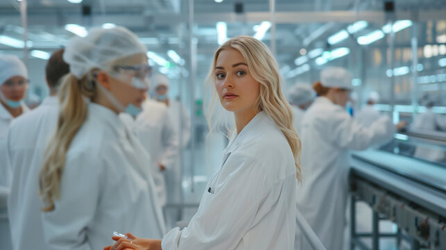 Surrounded by workers in pristine white overalls, she points to a high-tech conveyor belt, showcasing the assembly line of precision medical devices.