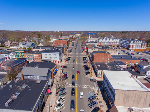 Wakefield historic town center aerial view on Main Street in Wakefield, Massachusetts MA, USA. 
