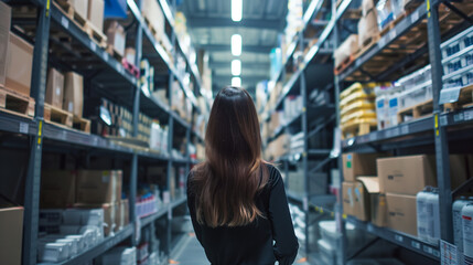 Standing amidst shelves of neatly arranged supplies, she explains the streamlined inventory management system, her voice carrying over the quiet efficiency of the storeroom. - obrazy, fototapety, plakaty
