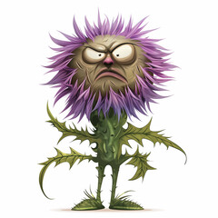 Fototapeta premium scottish thistle flower as a stick man figure with an angry expression on its face. cartoon style on a white background