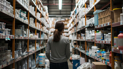 Standing amidst shelves of neatly arranged supplies, she explains the streamlined inventory management system, her voice carrying over the quiet efficiency of the storeroom. - obrazy, fototapety, plakaty