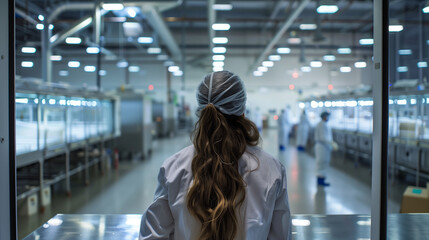 The woman looks out over a state-of-the-art facility, workers in full protective attire conducting detailed inspections of sterile packaging lines. - obrazy, fototapety, plakaty