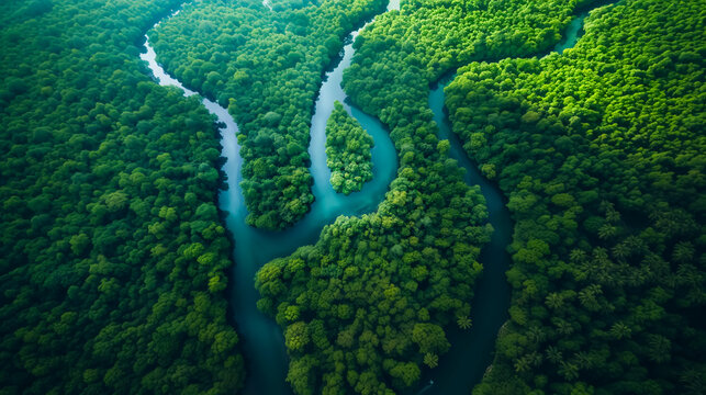 Aerial view river and green forest
