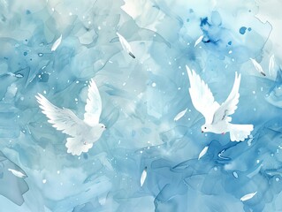 A serene postcard design for International Peace Day featuring two vector white doves gracefully positioned on a blue watercolor background.