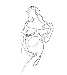 Vector outline illustration of pregnancy woman with long hair, one line, Black and white, background . Idea for stickers, print, art, books, cartoon, graffiti, icon, coloring book for kids, silhouette