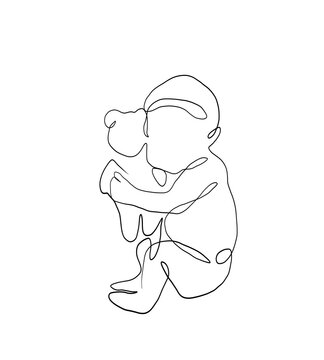 recommend clip art: Vector outline illustration little baby hold toy, one line, black white background . Idea for stickers, print, art, books, cartoon, graffiti, icon, coloring book for kids