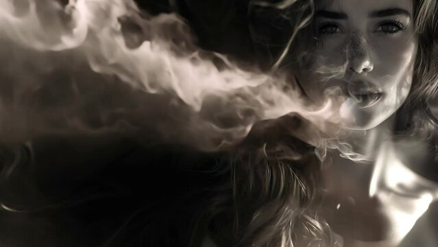 Fashion surreal Concept. Portrait of stunning woman girl blowing out swirling smoke clouds fog dark background. wallpaper banner clip mov 4K HD motion	
