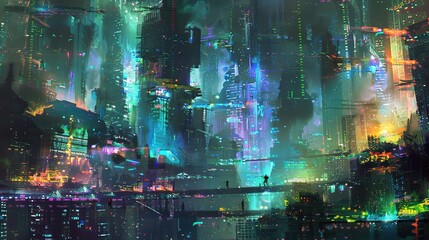 This is a painting of a city at night. The colors are vibrant, with purples, blues, and yellows dominating the skyline. The painting has a futuristic feel to it, with tall buildings and a sense of mov