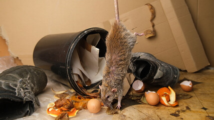 Gray rat, garbage, food waste.