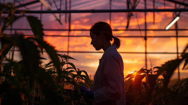 Silhouetted against the sunset-hued sky filtering through the greenhouse, she checks the pH levels of the nutrient solution, her face illuminated.