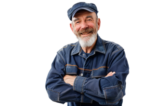 Portrait studio smiling mature maintenance plumber or Handyman wear uniform posing with smart look, repair and fix, isolated on transparent png background.