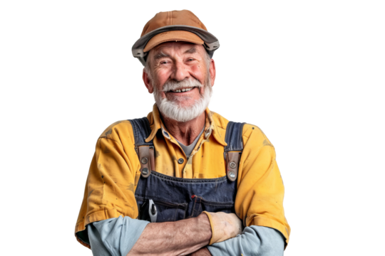Portrait studio smiling mature maintenance plumber or Handyman wear uniform posing with smart look, repair and fix, isolated on transparent png background.