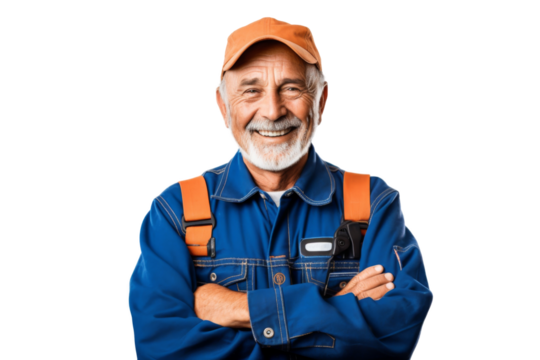 Portrait studio smiling mature maintenance plumber or Handyman wear uniform posing with smart look, repair and fix, isolated on transparent png background. - Powered by Adobe