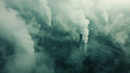 Flying low over a forest of chimneys and cooling towers, the drone captures billowing plumes of steam from an energy plant, creating a striking contrast against the natural surroun