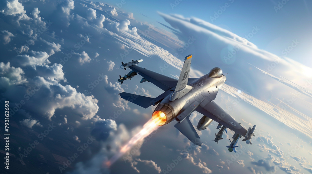 Poster a fighter jet f-16 streaks across the sky, releasing a missile that trails smoke and fire, aimed at 