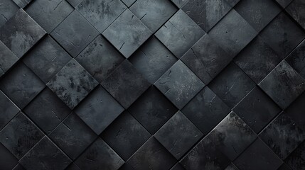   A wall, half black and half gray, bears a pattern of squares and rectangles centrally located The floor shares this design motif