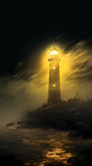 Lighthouse gleaming in the dark, foggy sea