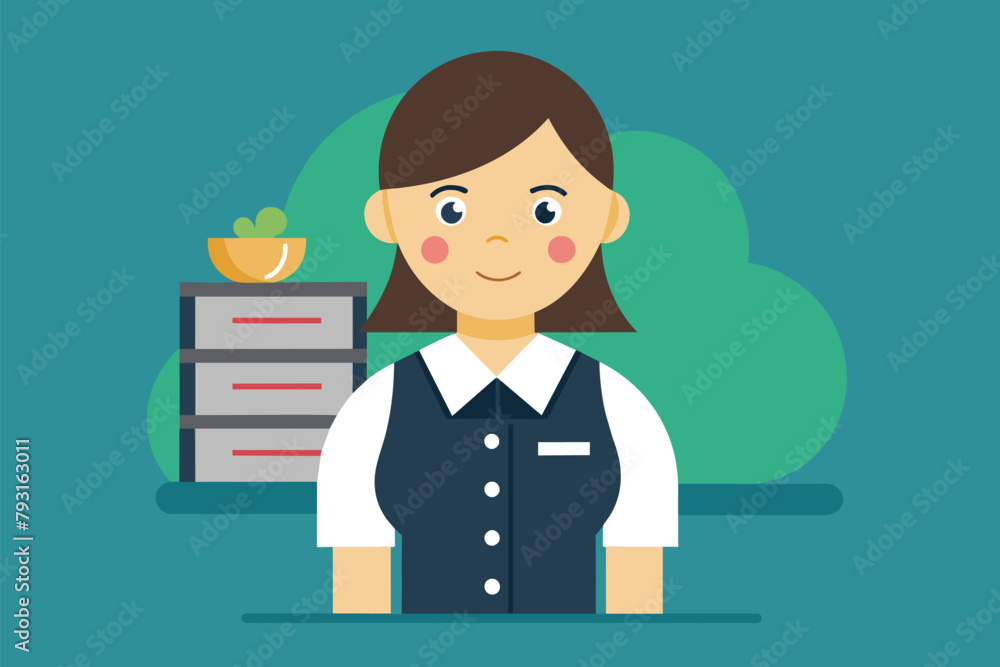 Poster female server balancing stack of files with apple on top in simple flat vector illustration, female 