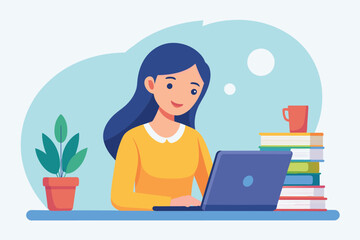 Fototapeta na wymiar A woman, likely a student, focused on her laptop while sitting at a table, female student working on an assignment using a laptop, Simple and minimalist flat Vector Illustration