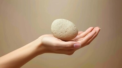   A hand holding a stone against a beige background Neutral backdrop