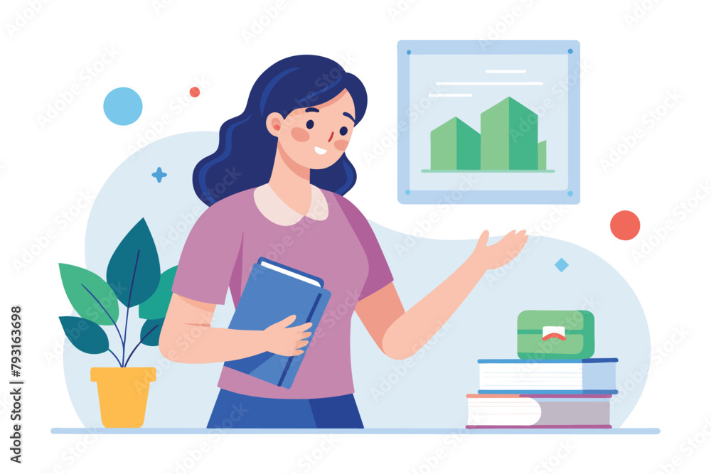 Poster female teacher holding a book and pointing to a chart while explaining a tutorial, female teacher ex