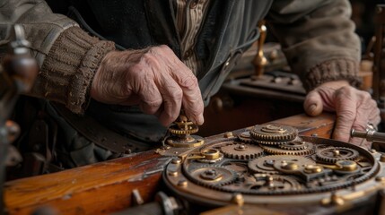   A tight shot of someone engaged in carpentry, with a woodworking machine in the foreground and an old clock ticking in the background - obrazy, fototapety, plakaty