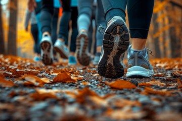 Close-up of diverse people's feet walking on a trail covered with fall leaves, depicting an autumn walk, fitness, and togetherness.