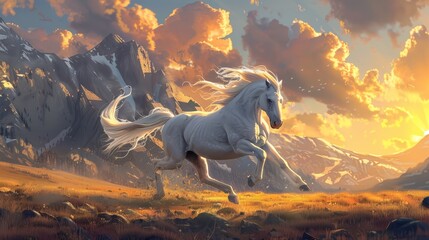 Obraz na płótnie Canvas A white horse gallops across a grassy field, surrounded by towering mountains in the distance and fluffy clouds in the sky