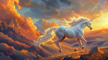   A white unicorn gallops across an open field, a mountain looms in the distance, and clouds scatter the sky above - obrazy, fototapety, plakaty