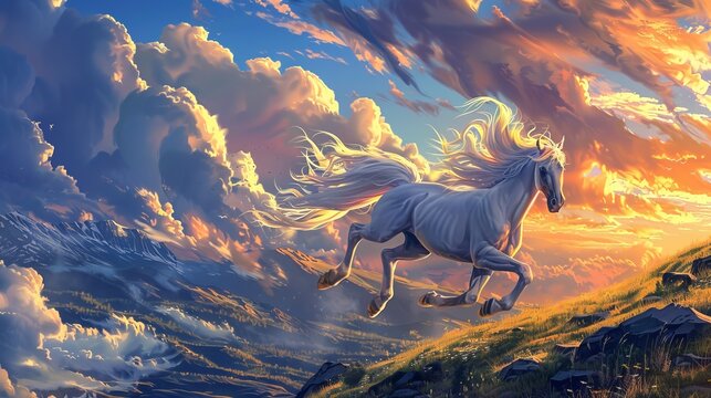  A white horse gallops atop a hill during sunset Clouds scatter across the sky