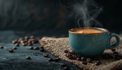   A steaming cup of coffee on a burly cloth, surrounded by scattered coffee beans