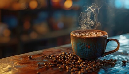  A cup of coffee atop a table, laden with coffee beans Steam ascends from the cup's peak - obrazy, fototapety, plakaty