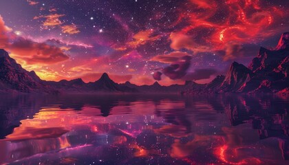   The sun sets over a mountain range and body of water, filling the sky with stars and clouds