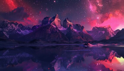   A painting of a mountain range with a lake in the foreground and a star-filled sky in the background - obrazy, fototapety, plakaty