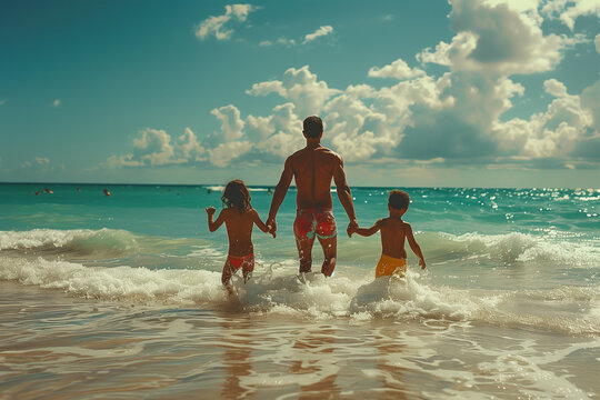 Man and Two Children Walking Into Ocean