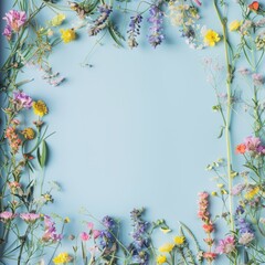 Obraz premium frame around the edges of wild flowers on a light blue background.