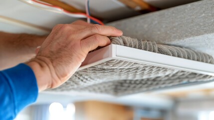   A tight shot of a hand adjusting an air conditioner's controls in a room with a ceiling fan spinning overhead