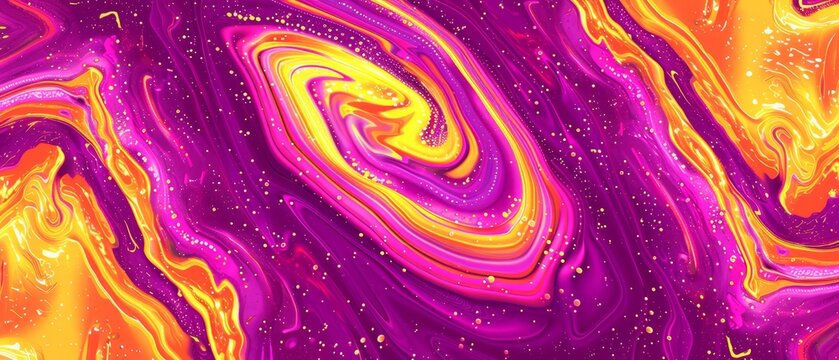   A close-up of a purple and yellow background with a swirly design atop Below, an orange half stretches out