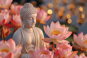 Buddha Statue Surrounded by Pink Flowers