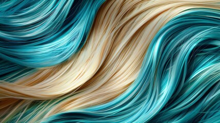   A tight shot of wavy hair in shades of blue and yellow, featuring overlapping highlights in these hues