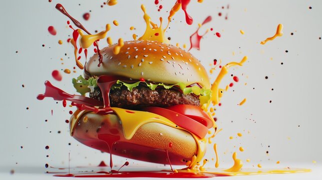 cinema 4d style, Hamberger, bold use of color, white background